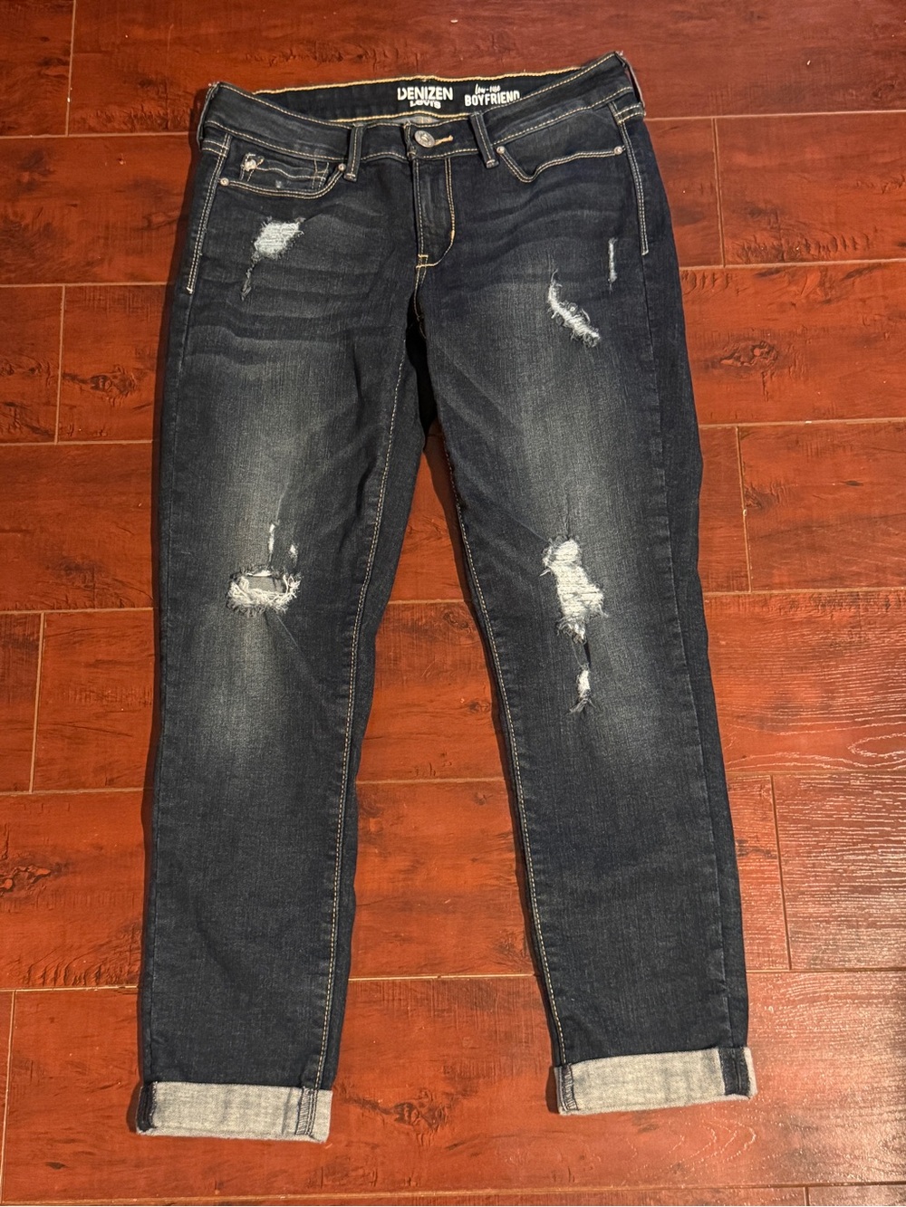Denizen from Low-rise Levi's Dark Blue Distressed Boyfriend Jeans